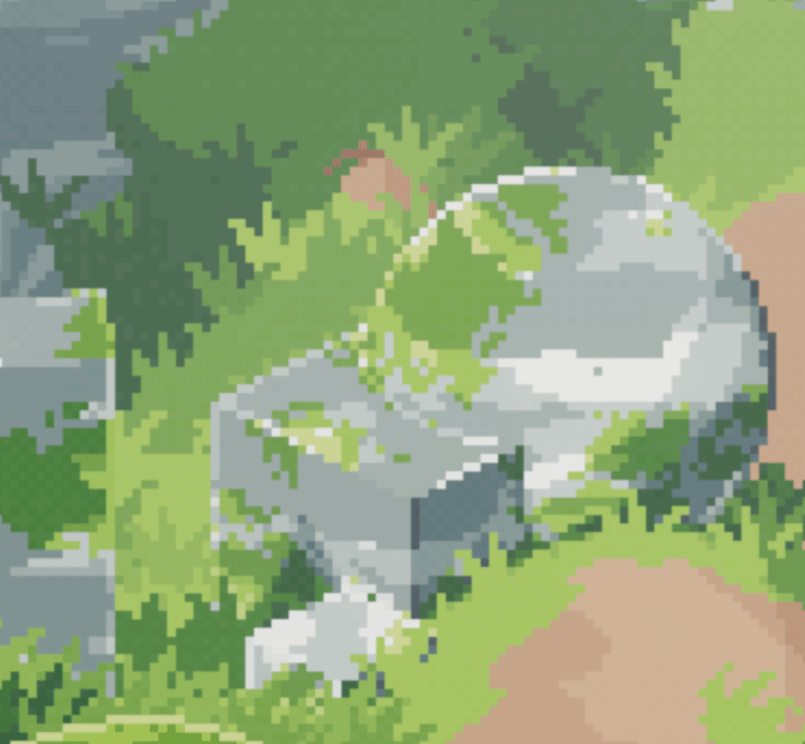 World space textures, layered procedural noise, color ramp masks, instanced grass billboards.