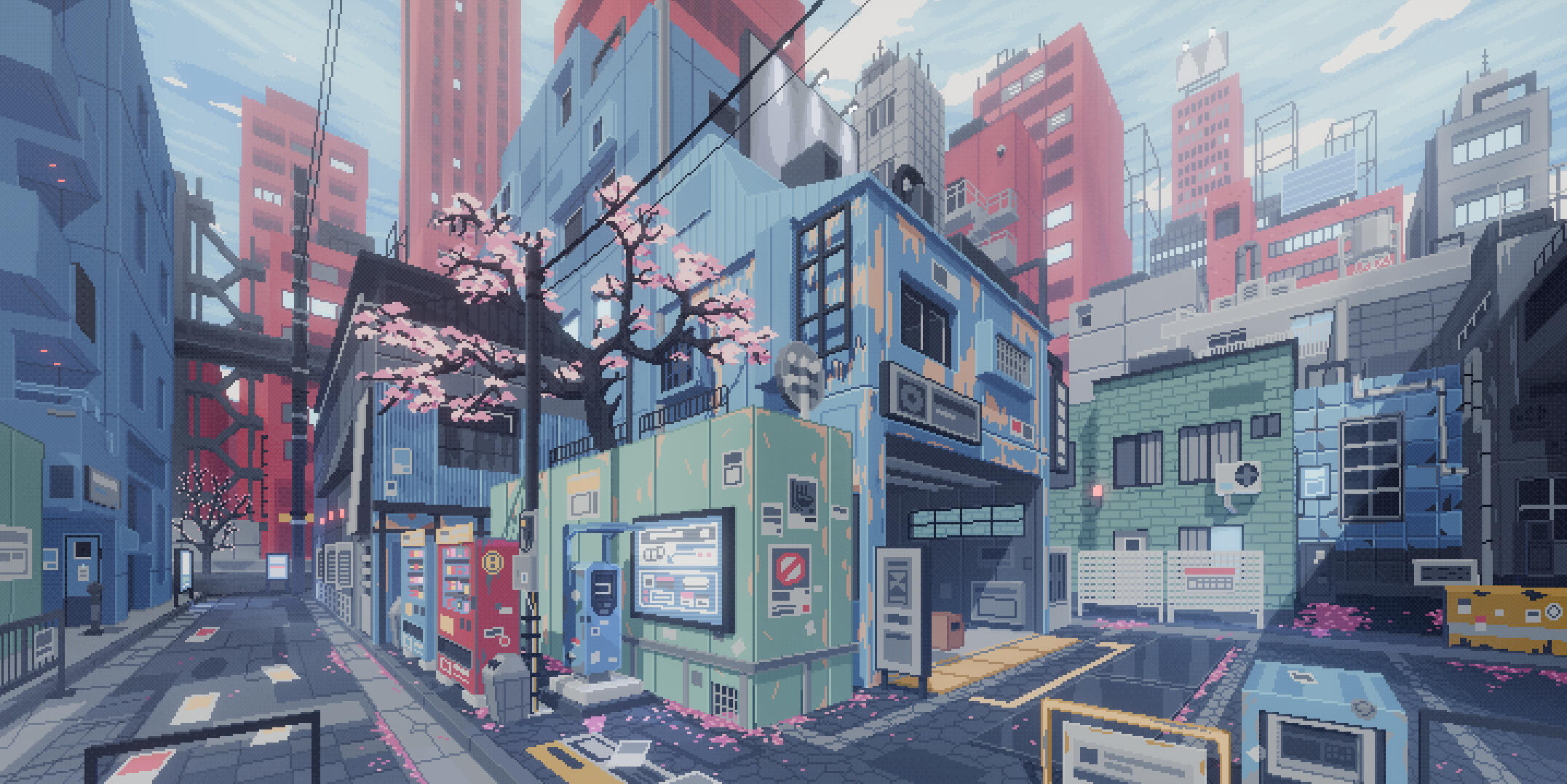 A pixel art illustration turned into a 3D scene and rendered in realtime using Pelixir. Learn more about it in another section.